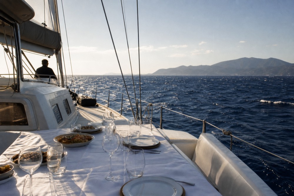 A set dinner table on an open yacht deck, white cloth, glasses and small plates catching low sun that throws long shadows across the boards