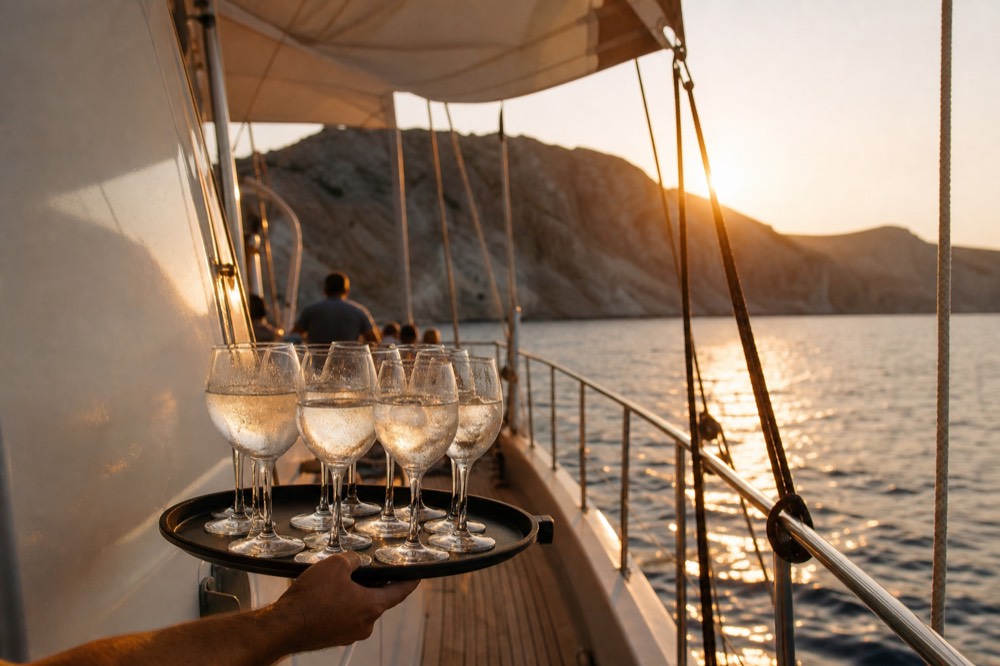 A waiter's tray of chilled glasses carried along a narrow side deck, low sun flaring behind the shrouds, no faces in frame